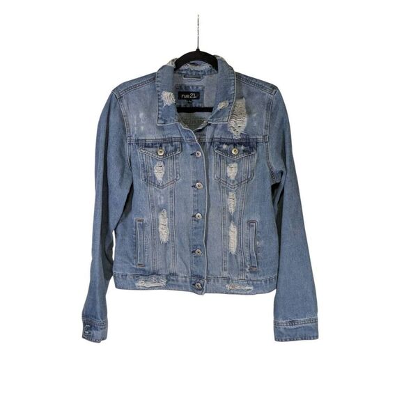 Rue 21 Jean Jacket Rip Torn Distressed Blue Denim Cropped Vintage Juniors XL - Picture 1 of 5